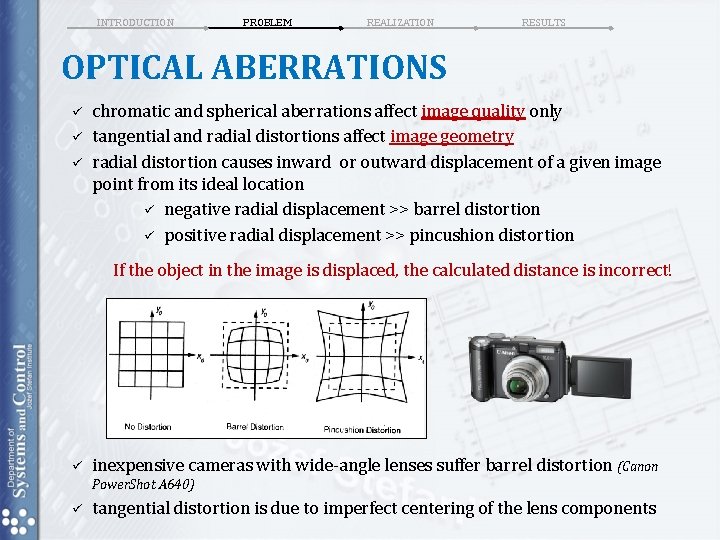 INTRODUCTION PROBLEM REALIZATION RESULTS OPTICAL ABERRATIONS ü ü ü chromatic and spherical aberrations affect INTRODUCTION PROBLEM REALIZATION RESULTS OPTICAL ABERRATIONS ü ü ü chromatic and spherical aberrations affect