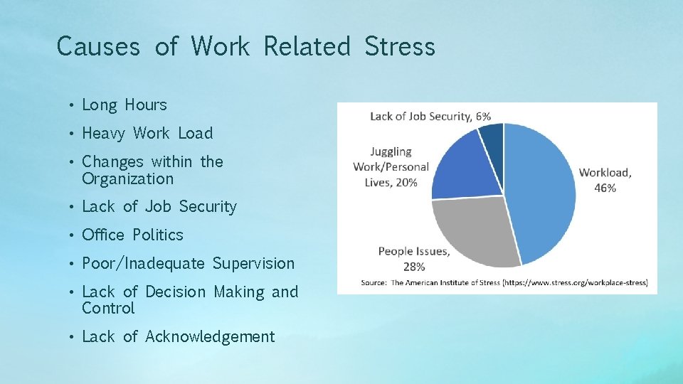 Causes of Work Related Stress • Long Hours • Heavy Work Load • Changes