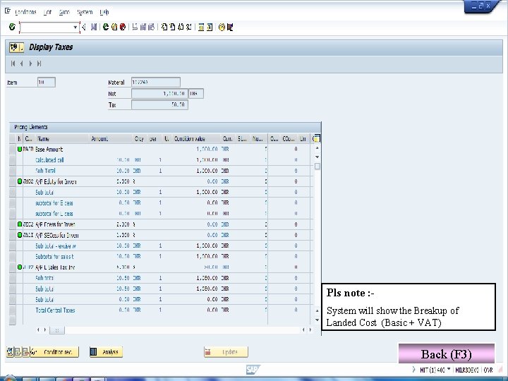 Pls note : System will show the Breakup of Landed Cost (Basic + VAT)