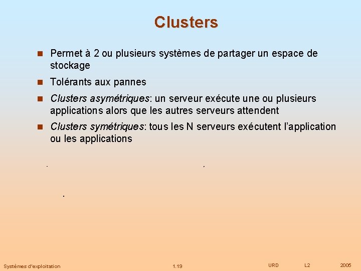 Clusters Permet à 2 ou plusieurs systèmes de partager un espace de stockage Tolérants