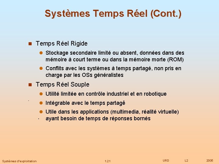 Systèmes Temps Réel (Cont. ) Temps Réel Rigide Stockage secondaire limité ou absent, données