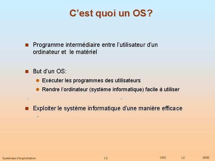 C’est quoi un OS? Programme intermédiaire entre l’utilisateur d’un ordinateur et le matériel But