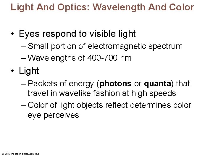 Light And Optics: Wavelength And Color • Eyes respond to visible light – Small