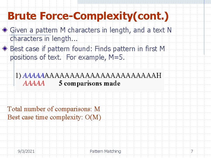 Brute Force-Complexity(cont. ) Given a pattern M characters in length, and a text N