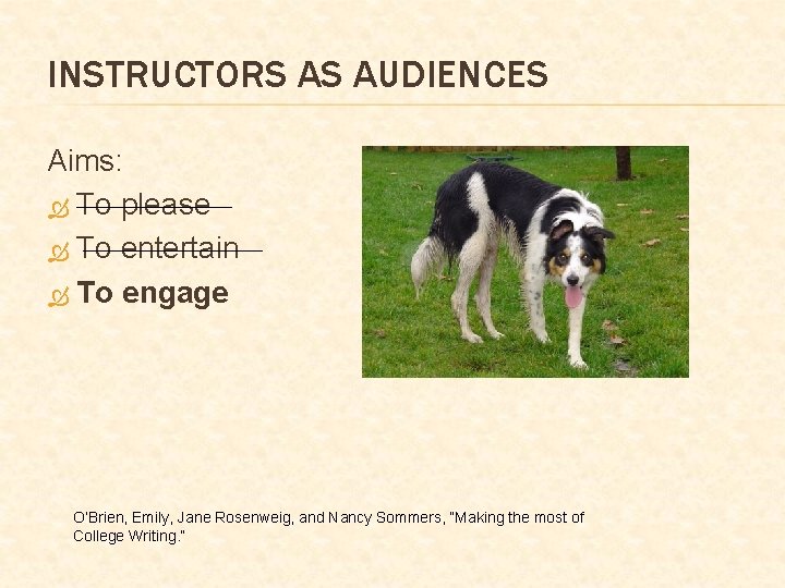 INSTRUCTORS AS AUDIENCES Aims: To please To entertain To engage O’Brien, Emily, Jane Rosenweig,