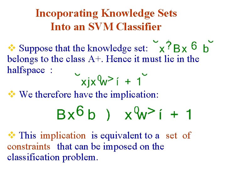 Incoporating Knowledge Sets Into an SVM Classifier v Suppose that the knowledge set: belongs