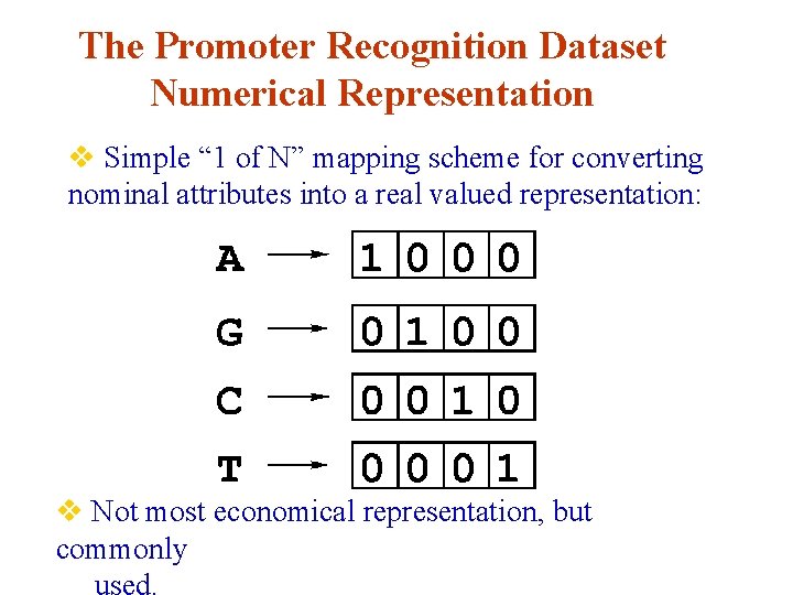 The Promoter Recognition Dataset Numerical Representation v Simple “ 1 of N” mapping scheme