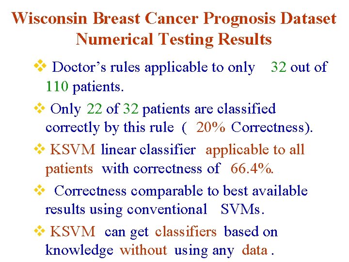 Wisconsin Breast Cancer Prognosis Dataset Numerical Testing Results v Doctor’s rules applicable to only
