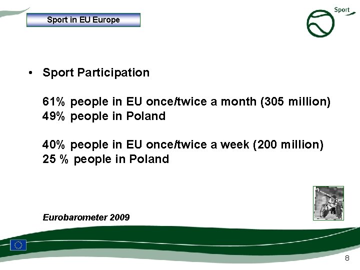 Sport in EU Europe • Sport Participation 61% people in EU once/twice a month