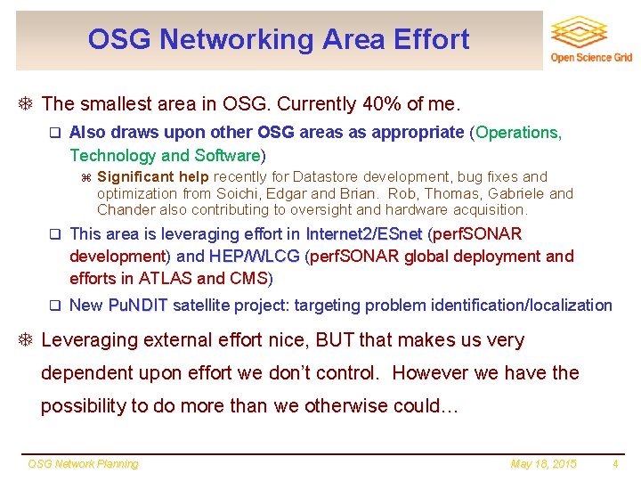 OSG Networking Area Effort T The smallest area in OSG. Currently 40% of me.