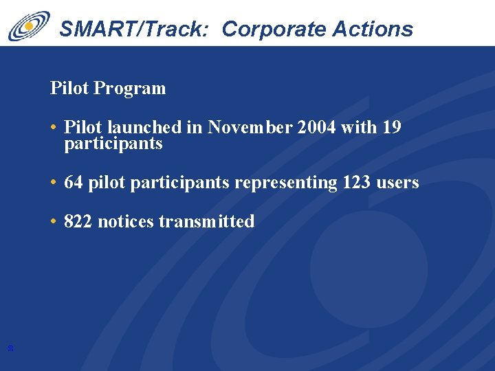 SMART/Track: Corporate Actions Liability Pilot Program • Pilot launched in November 2004 with 19