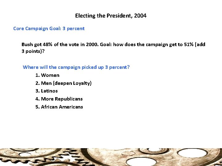 Electing the President, 2004 Core Campaign Goal: 3 percent Bush got 48% of the