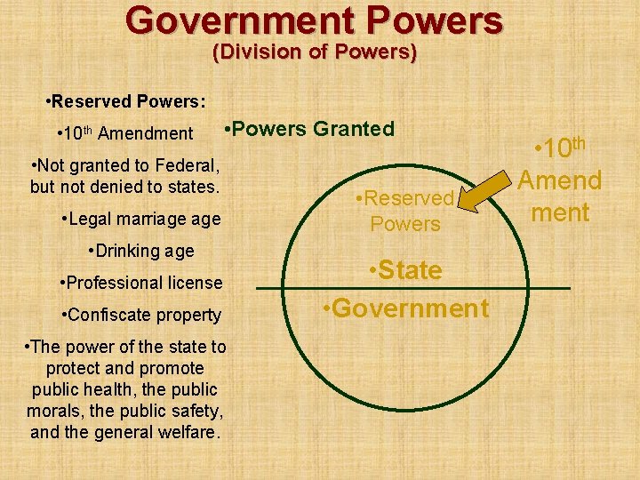 Government Powers (Division of Powers) • Reserved Powers: • 10 th Amendment • Powers