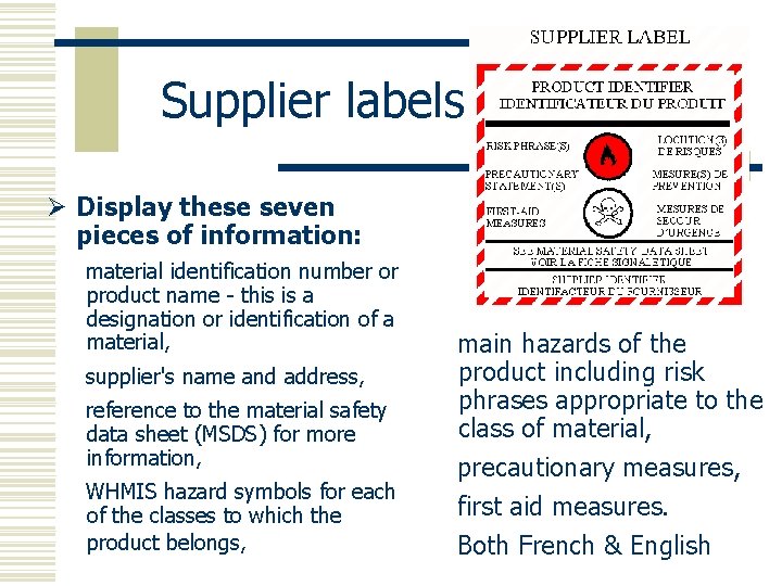 Supplier labels Ø Display these seven pieces of information: material identification number or product