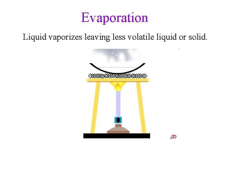 Evaporation Liquid vaporizes leaving less volatile liquid or solid. 