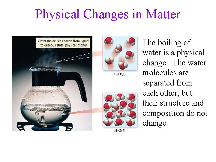 Physical Changes in Matter The boiling of water is a physical change. The water