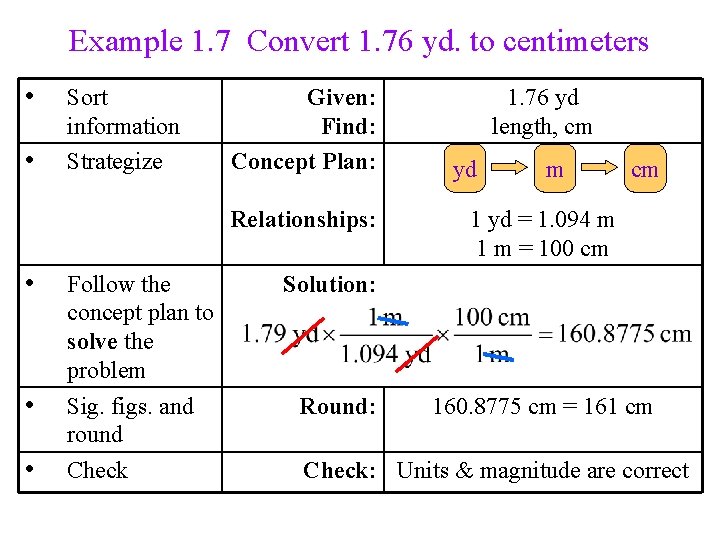 Example 1. 7 Convert 1. 76 yd. to centimeters • • Sort information Strategize