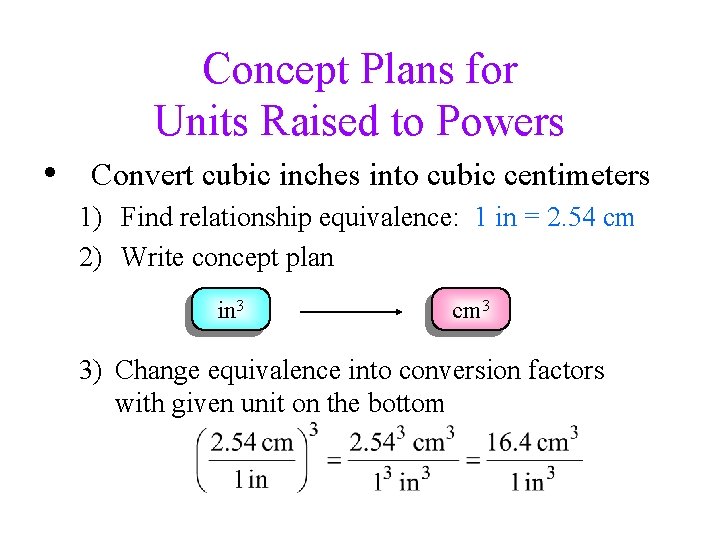 Concept Plans for Units Raised to Powers • Convert cubic inches into cubic centimeters