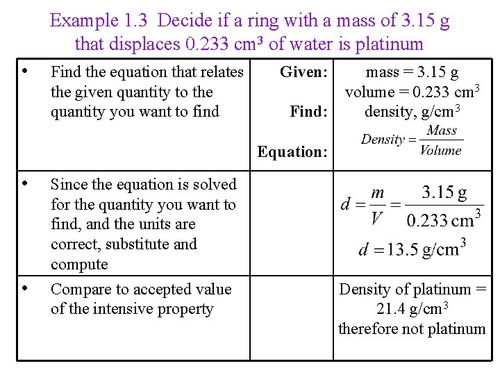 Example 1. 3 Decide if a ring with a mass of 3. 15 g