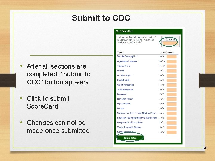 Submit to CDC • After all sections are completed, “Submit to CDC” button appears