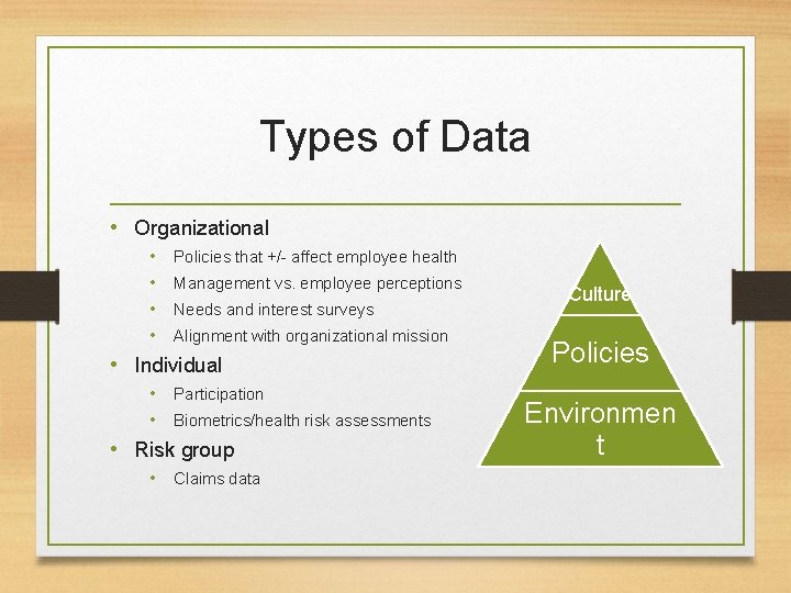 Types of Data • Organizational • • Policies that +/- affect employee health Management