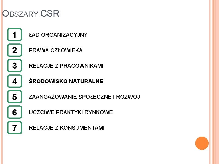 OBSZARY CSR 1 ŁAD ORGANIZACYJNY 2 PRAWA CZŁOWIEKA 3 RELACJE Z PRACOWNIKAMI 4 ŚRODOWISKO