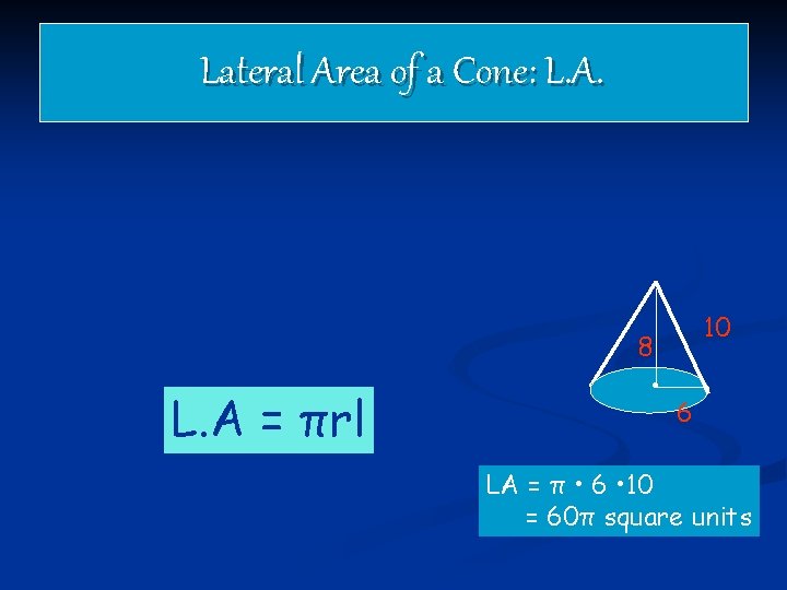 Lateral Area of a Cone: L. A = πrl 8 • 10 6 LA