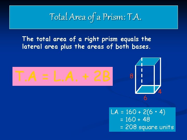Total Area of a Prism: T. A. The total area of a right prism