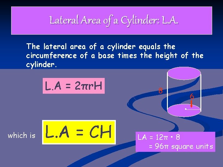 Lateral Area of a Cylinder: L. A. The lateral area of a cylinder equals