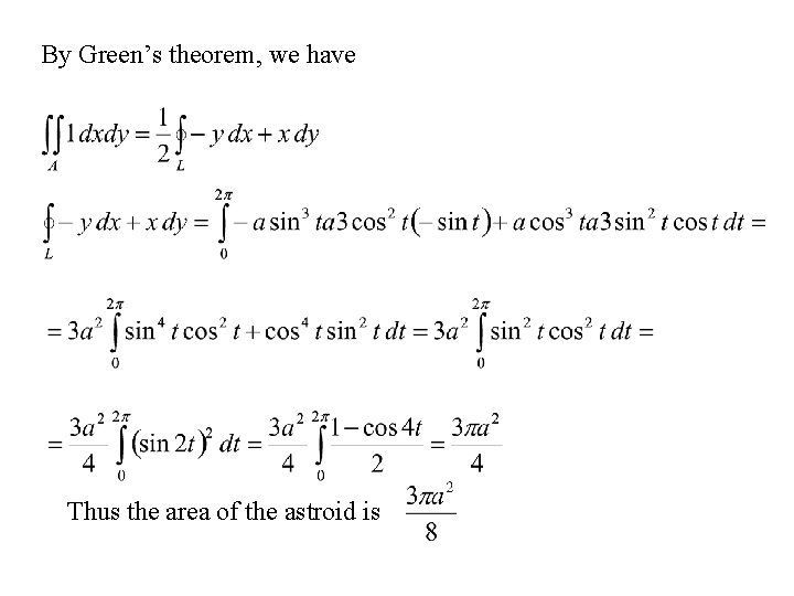 By Green’s theorem, we have Thus the area of the astroid is 