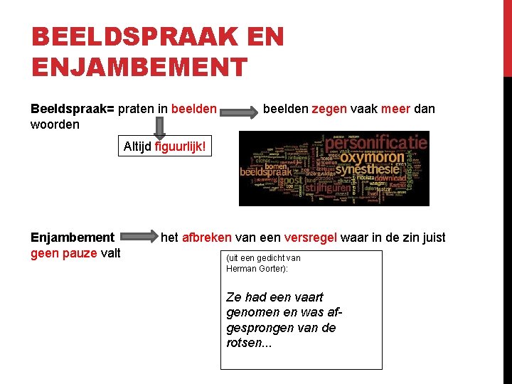 BEELDSPRAAK EN ENJAMBEMENT Beeldspraak= praten in beelden woorden beelden zegen vaak meer dan Altijd