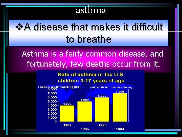 asthma v. A disease that makes it difficult to breathe Asthma is a fairly
