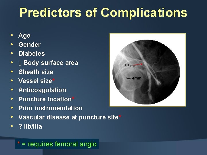 Predictors of Complications • • • Age Gender Diabetes ↓ Body surface area Sheath