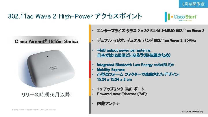 6月以降予定 802. 11 ac Wave 2 High-Power アクセスポイント • エンタープライズ クラス 2 x 2: