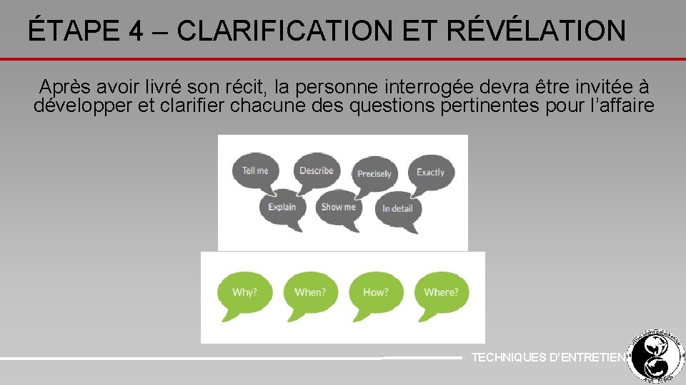 ÉTAPE 4 – CLARIFICATION ET RÉVÉLATION Après avoir livré son récit, la personne interrogée