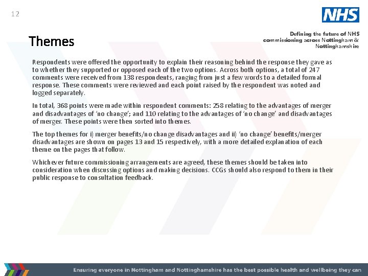 12 Themes Defining the future of NHS commissioning across Nottingham & Nottinghamshire Respondents were