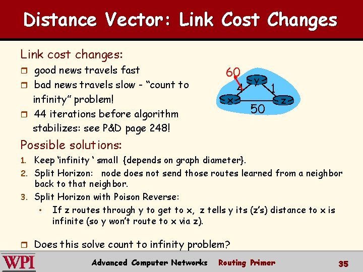 Distance Vector: Link Cost Changes Link cost changes: r good news travels fast r