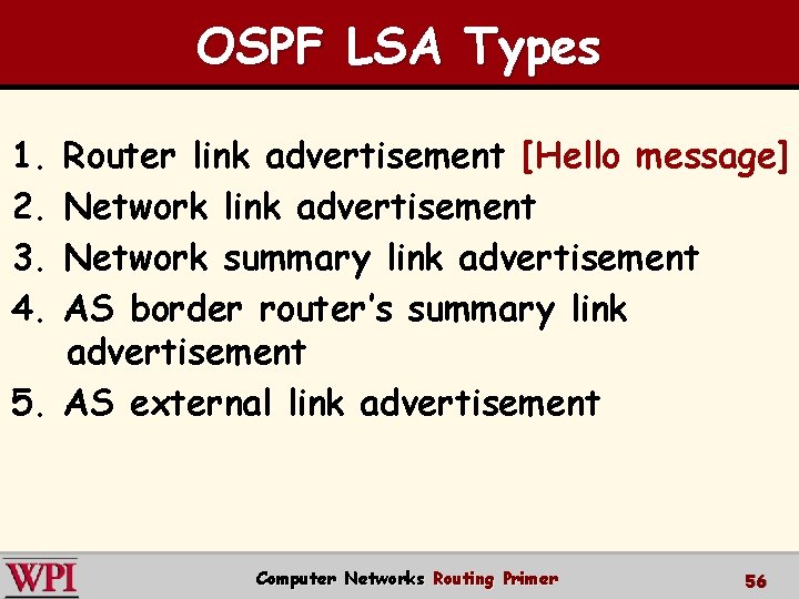OSPF LSA Types 1. 2. 3. 4. Router link advertisement [Hello message] Network link