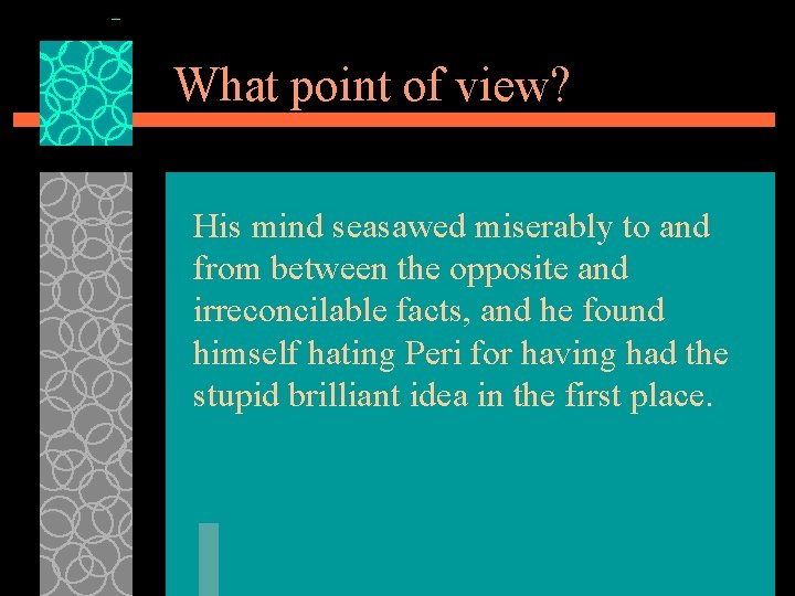 What point of view? His mind seasawed miserably to and from between the opposite