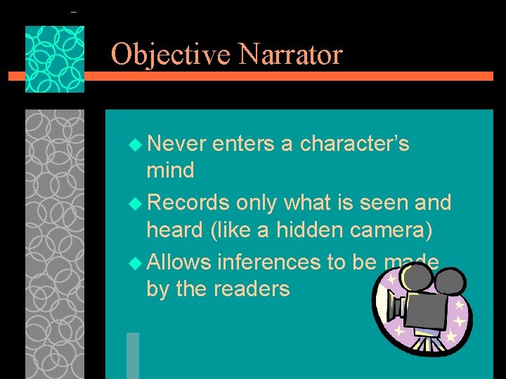 Objective Narrator u Never enters a character’s mind u Records only what is seen