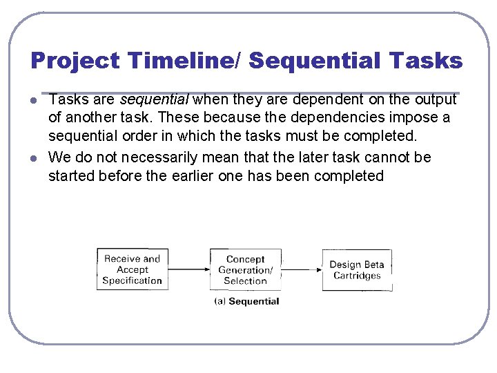 Project Timeline/ Sequential Tasks l l Tasks are sequential when they are dependent on