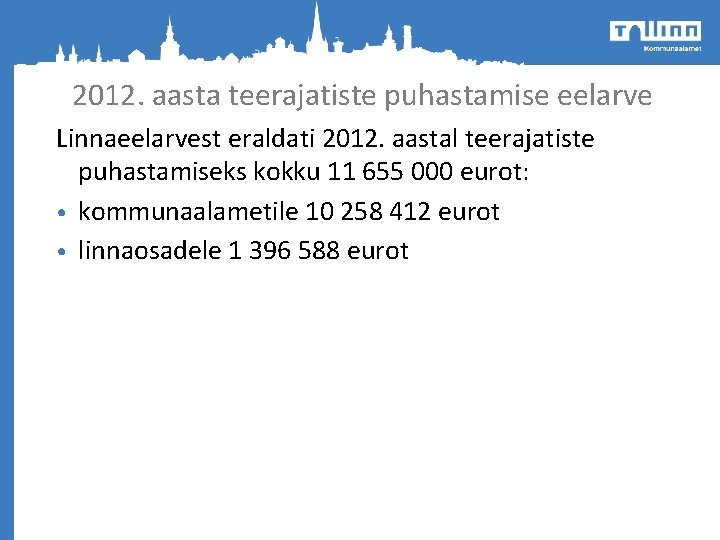 2012. aasta teerajatiste puhastamise eelarve Linnaeelarvest eraldati 2012. aastal teerajatiste puhastamiseks kokku 11 655