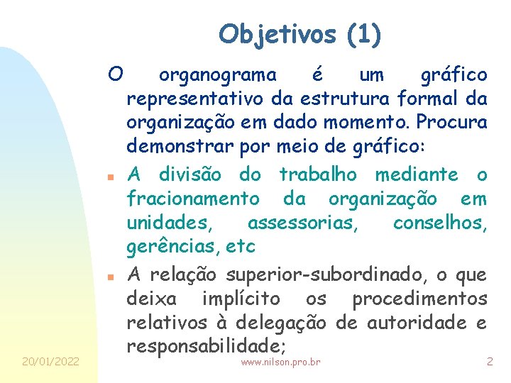 Objetivos (1) O n n 20/01/2022 organograma é um gráfico representativo da estrutura formal