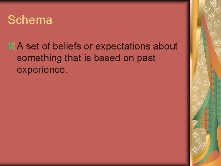 Schema A set of beliefs or expectations about something that is based on past