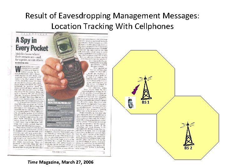 Result of Eavesdropping Management Messages: Location Tracking With Cellphones BS 1 BS 2 Time