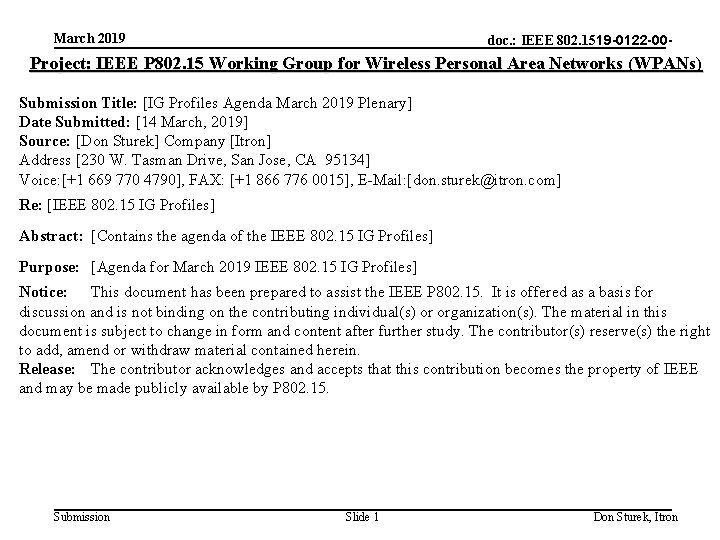 March 2019 doc. : IEEE 802. 1519 -0122 -00 - Project: IEEE P 802.