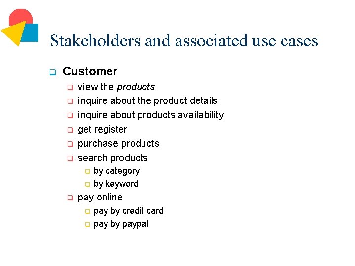 Stakeholders and associated use cases q Customer q q q view the products inquire