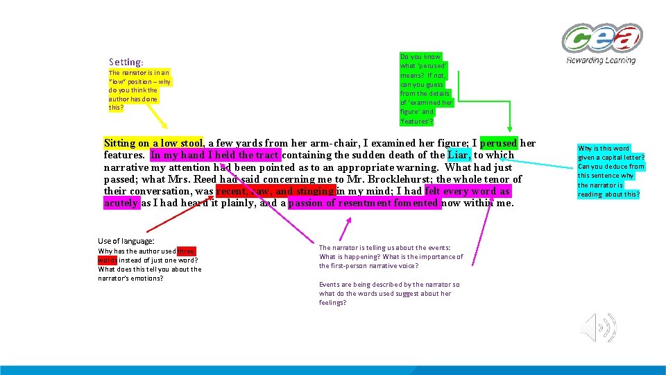 Setting: The narrator is in an “low” position – why do you think the