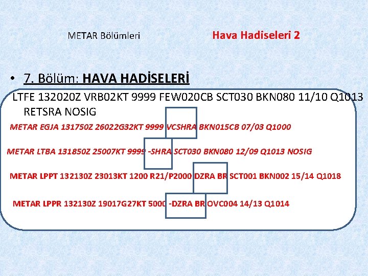 METAR Bölümleri Hava Hadiseleri 2 • 7. Bölüm: HAVA HADİSELERİ LTFE 132020 Z VRB