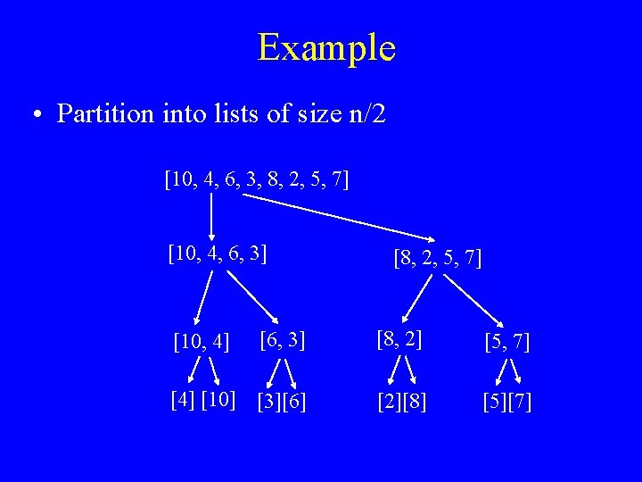 Example • Partition into lists of size n/2 [10, 4, 6, 3, 8, 2,